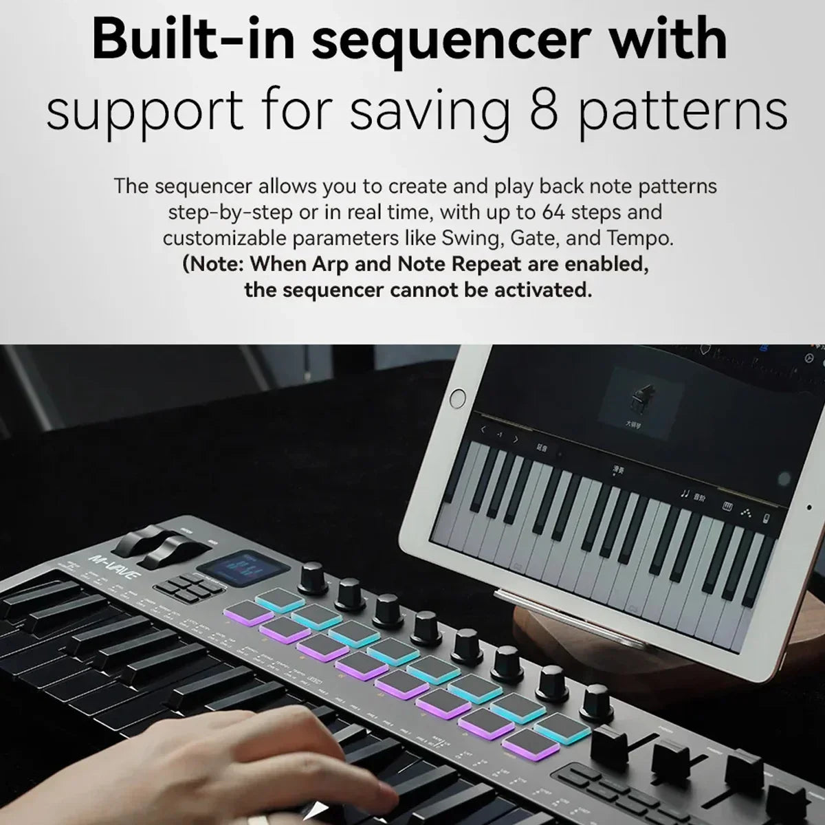 Black m-vave smk-37 pro 37-key midi controller with 64 rgb pads illuminated in purple and teal for music creation