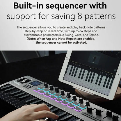 Black m-vave smk-37 pro 37-key midi controller with 64 rgb pads illuminated in purple and teal for music creation
