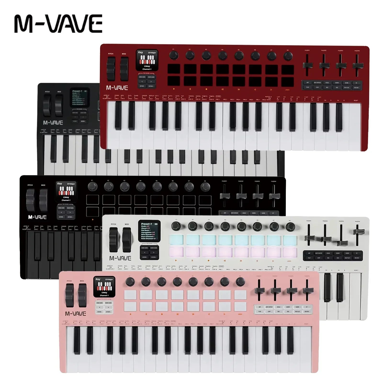 M-vave smk-37 pro 37-key midi controller in red black white and pink with rgb pads keyboards and control knobs for music creation