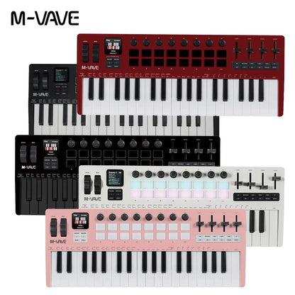 M-vave smk-37 pro 37-key midi controller in red black white and pink with rgb pads keyboards and control knobs for music creation