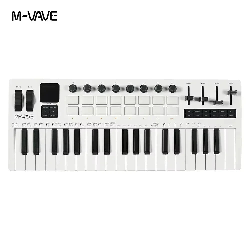 White m-vave smk-37 pro 37-key midi controller with black keys knobs and 64 rgb pads for music creation