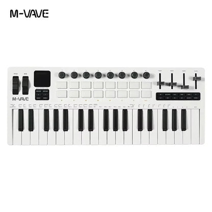 White m-vave smk-37 pro 37-key midi controller with black keys knobs and 64 rgb pads for music creation