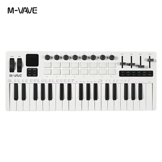 White m-vave smk-37 pro 37-key midi controller with black keys knobs and 64 rgb pads for music creation