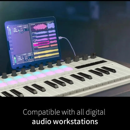 White and black m-vave smk-37 pro midi keyboard with drum pads sound supports wireless connection and octave range features