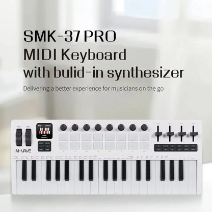 White m-wave smk-37 pro midi keyboard with drum pads sound octave range supports wireless connection and control knobs