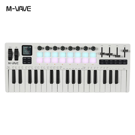 White m-vave smk-37 pro midi keyboard with black keys illuminated drum pads sound and wireless connection features