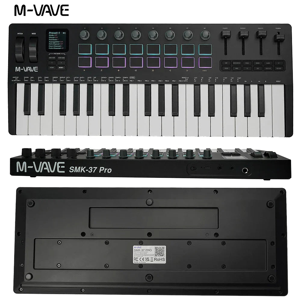 Black m-vave smk-37 pro usb midi controller keyboard with 37 keys 16 rgb pads and 8 knobs supports software integration