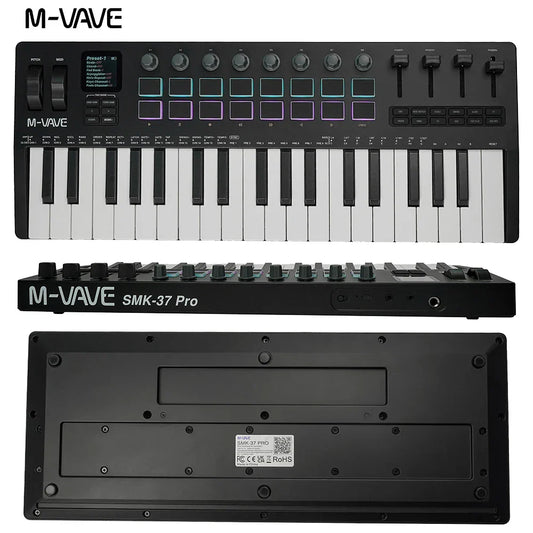 Black m-vave smk-37 pro usb midi controller keyboard with 37 keys 16 rgb pads and 8 knobs supports software integration