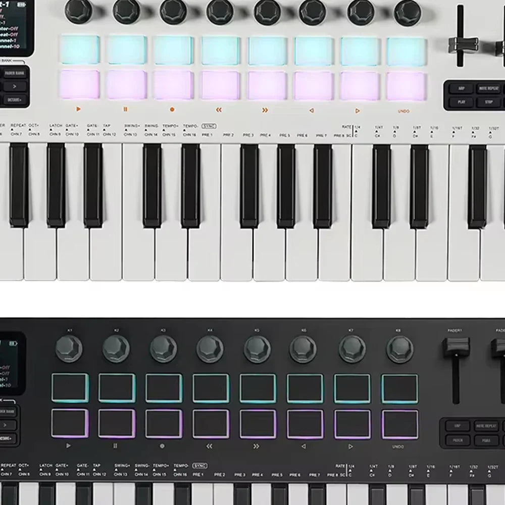 White and black m-vave smk-37 pro usb midi controller with 37 keys, rgb pads, and knobs supports software integration