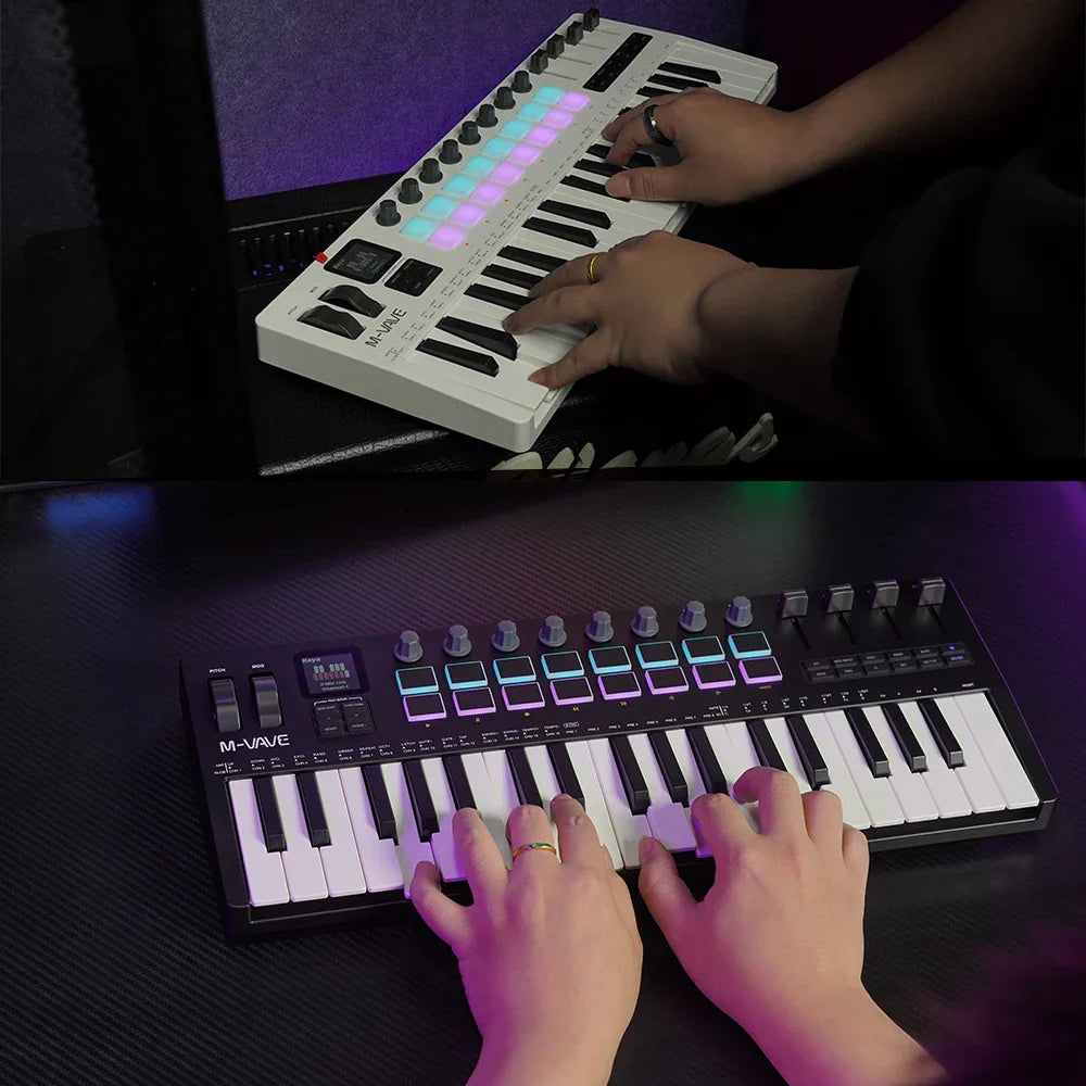 White and black m-vave smk-37 pro usb midi controller keyboard with 16 rgb pads and 8 knobs supports software
