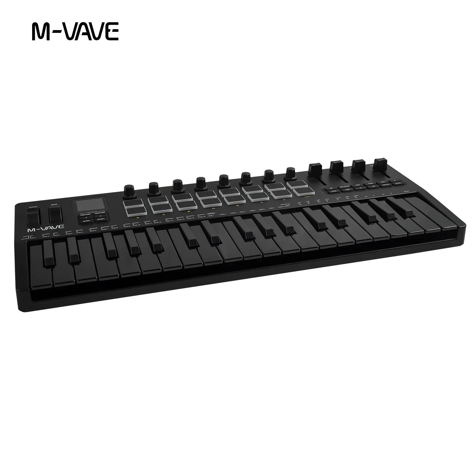 Black m-vave usb midi controller keyboard with 25 keys knobs supports software and rgb pads for music production