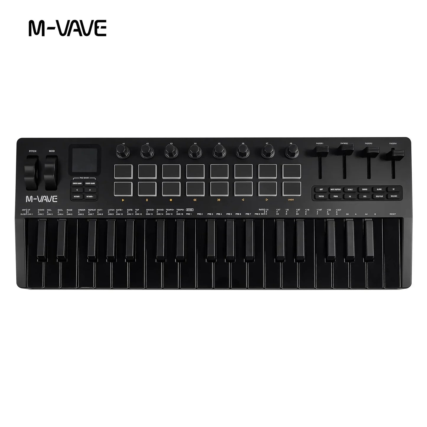 Black m-vave 25-key usb midi controller with rgb pads and knobs supports software operation for windows mac ios android