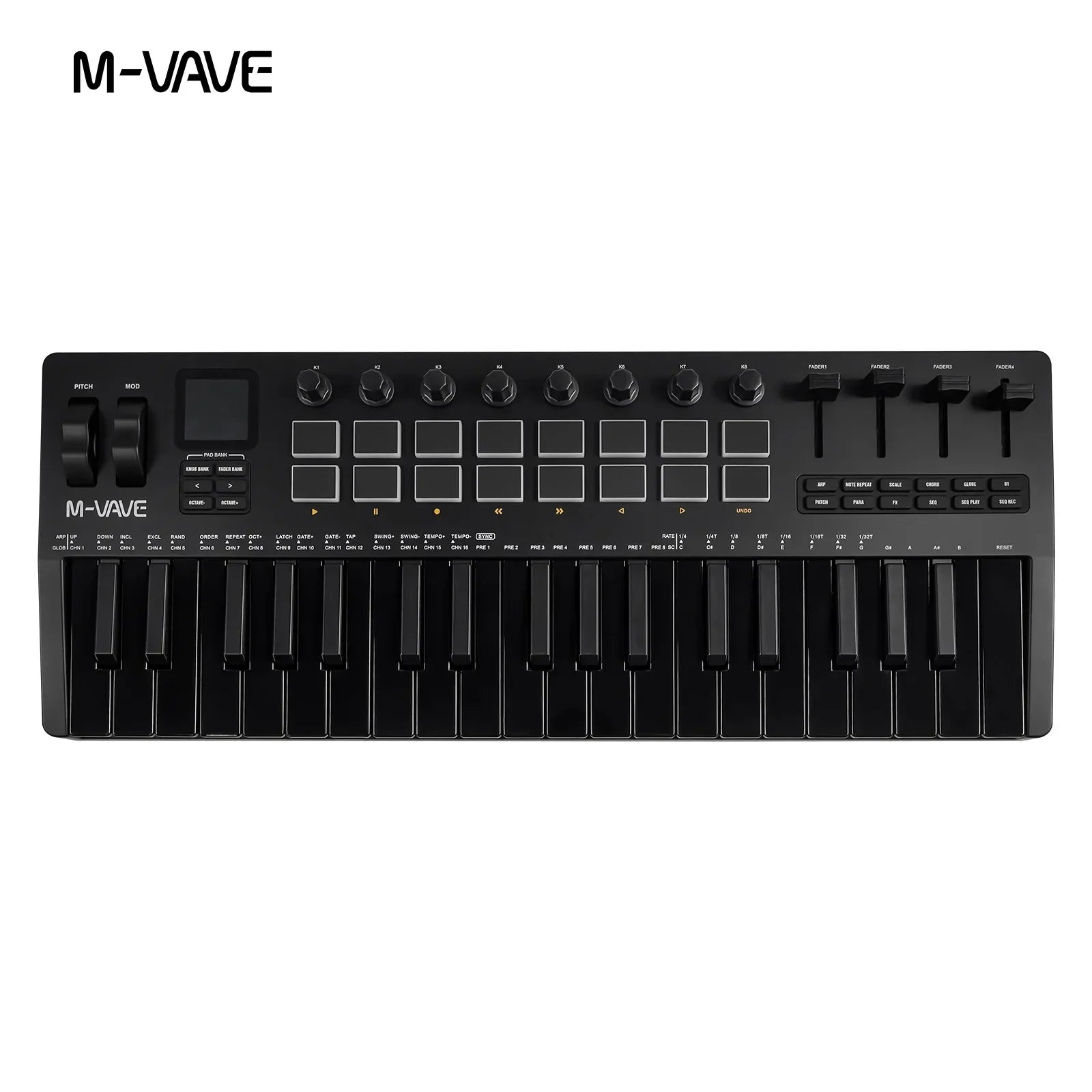 Black m-vave 25-key usb midi controller with rgb pads and knobs supports software operation for windows mac ios android