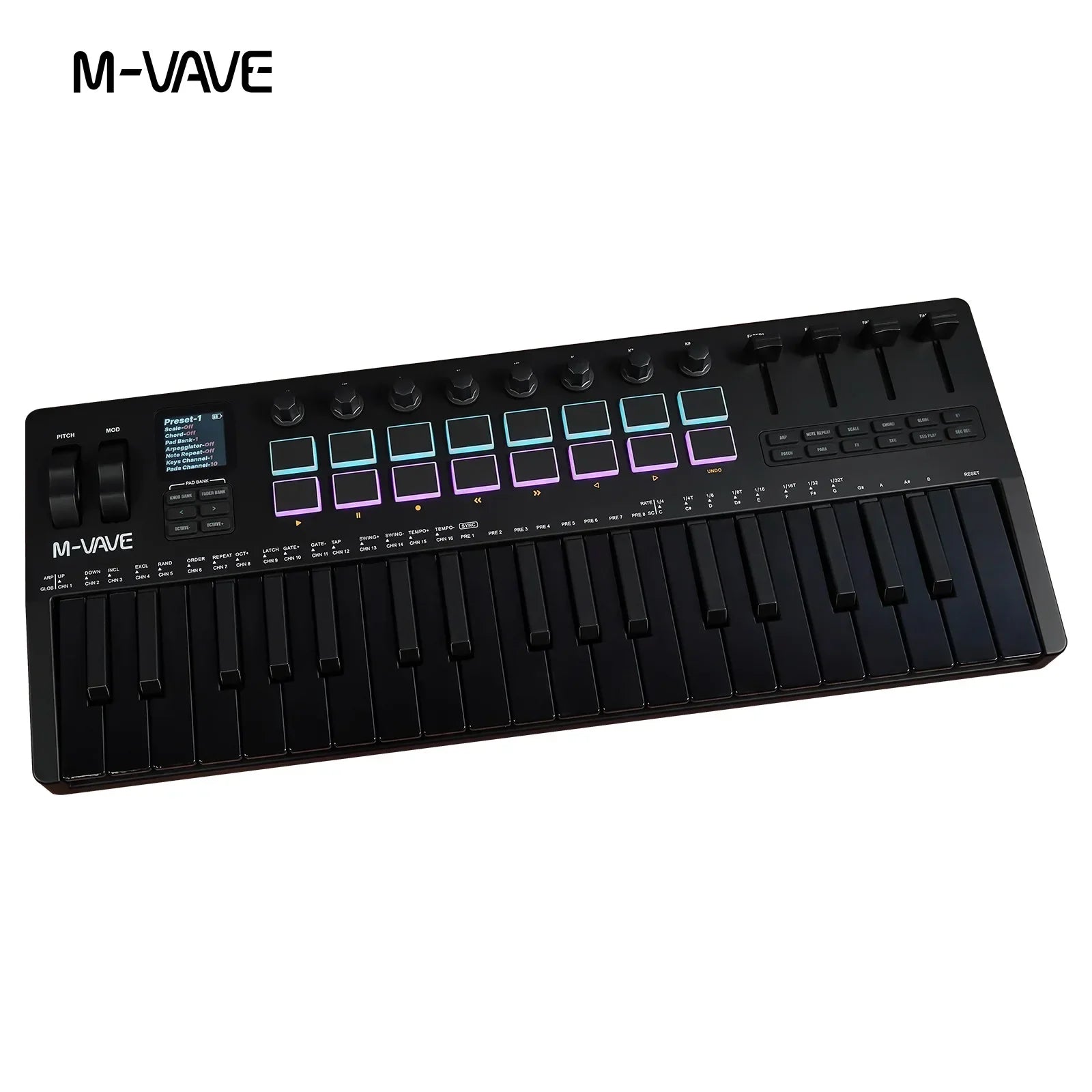 Black m-vave smk-37 pro usb midi controller with 37 keys 16 rgb pads and 8 knobs supports software operation