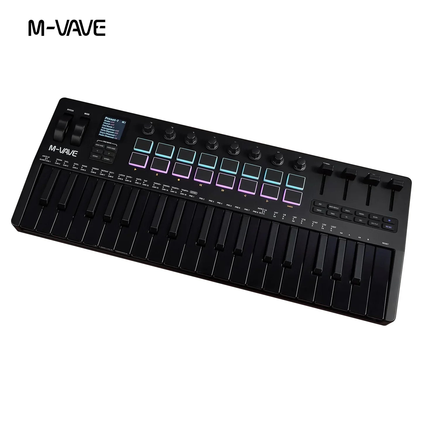 Black m-vave usb midi controller keyboard with 25 keys, rgb pads illuminated in purple and blue, knobs supports software