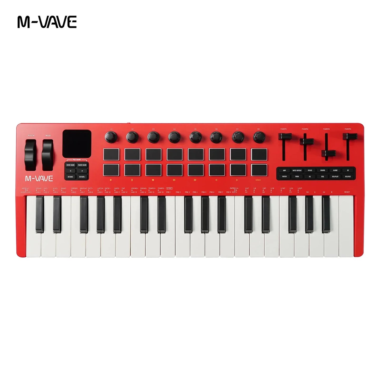 Red m-vave 24-key usb midi controller with black knobs supports software and rgb pads for versatile music production
