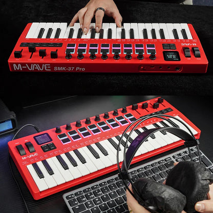 Red m-audio smk-37 pro usb midi controller with 37 keys, rgb pads, purple-lit knobs supports software operation