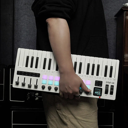 White m-vave smk-37 pro usb midi controller with 37 keys, rgb pads, digital display, and knobs supports software