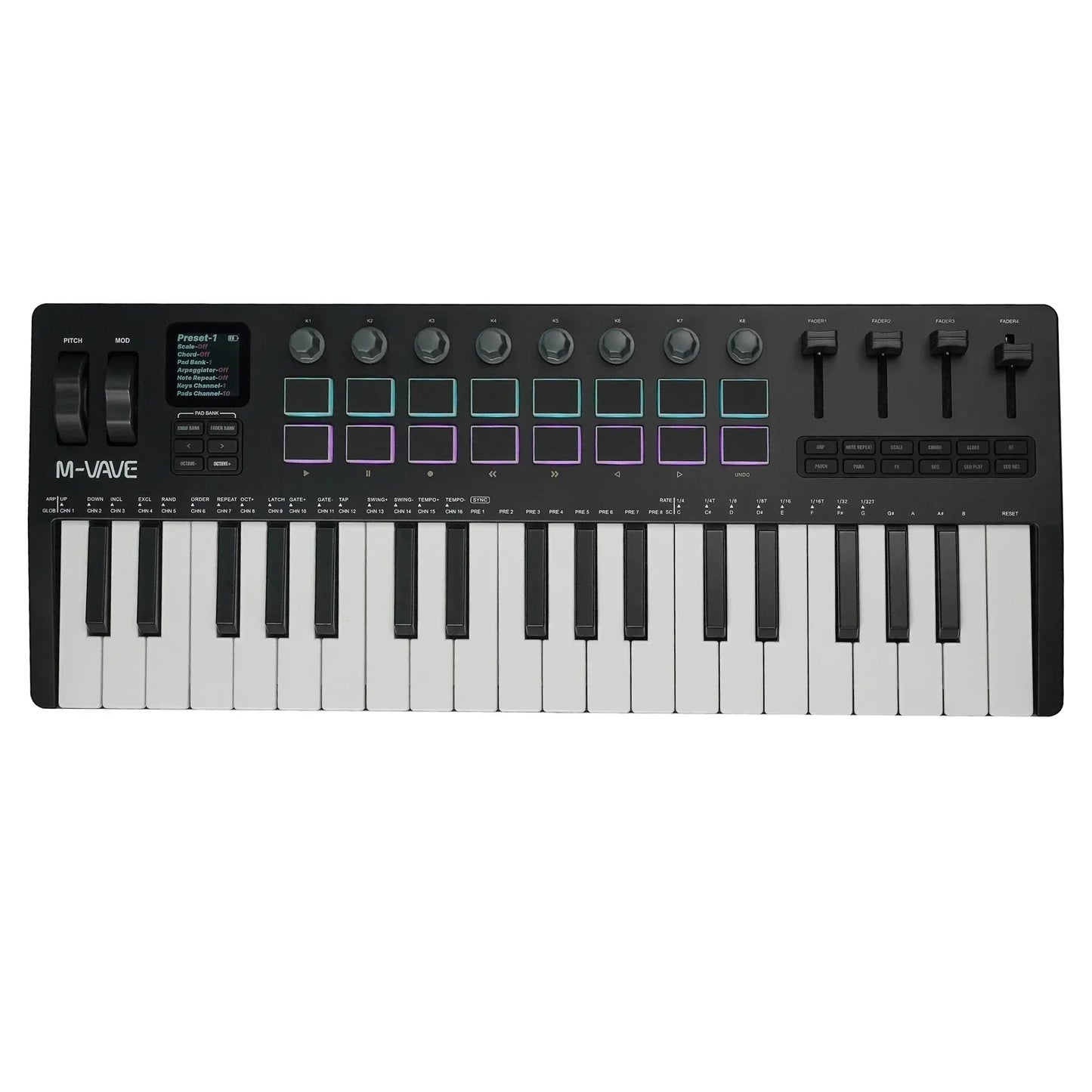 Black m-audio m-wave 25-key midi controller with white and black piano keys and teal purple illuminated pads key midi controller