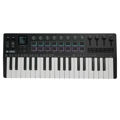 Black m-audio m-wave 25-key midi controller with white and black piano keys and teal purple illuminated pads key midi controller
