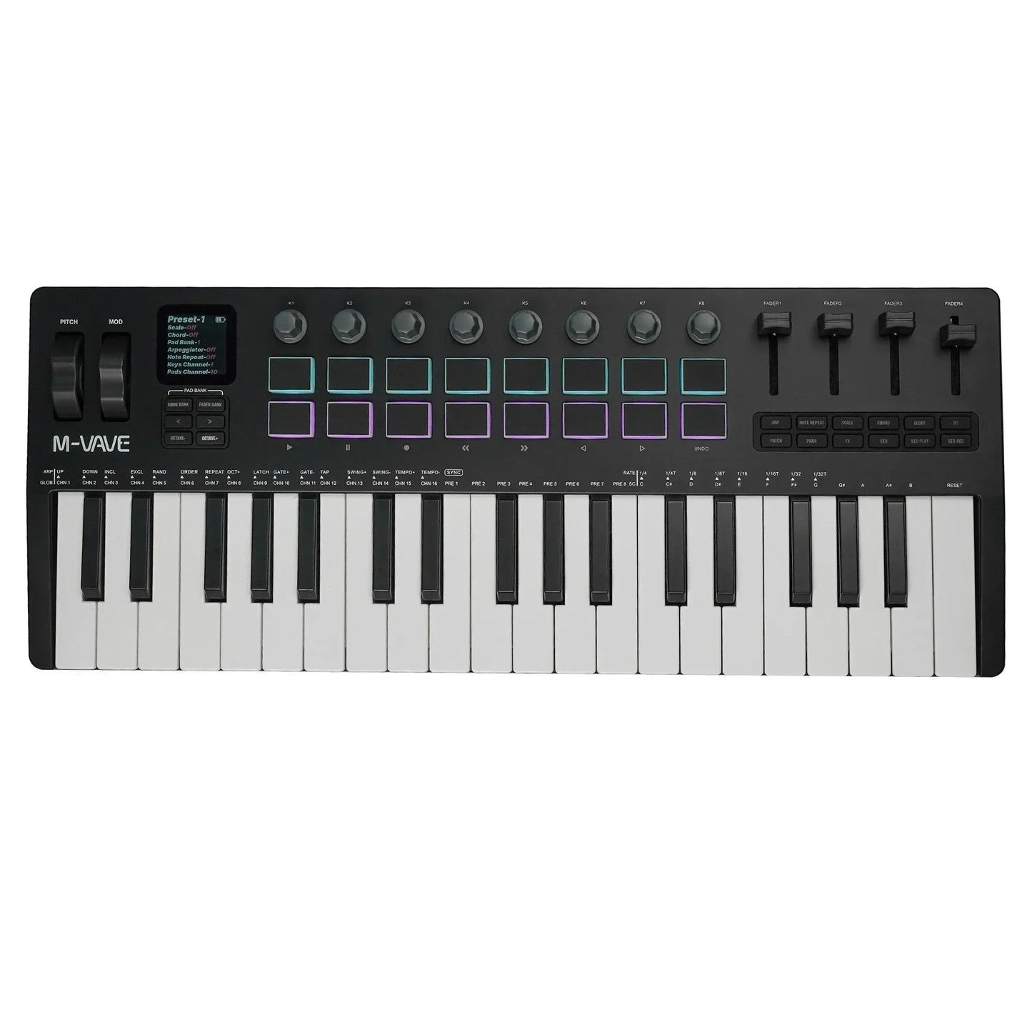 Black m-vave smk-37 pro 37 key midi controller with built-in synth engine RGB pads knobs and faders