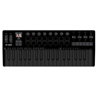 Black m-audio midi controller keyboard with 25 keys, knobs, and buttons shown alongside m-vave smk-37 pro with rgb pads and built-in synth engine