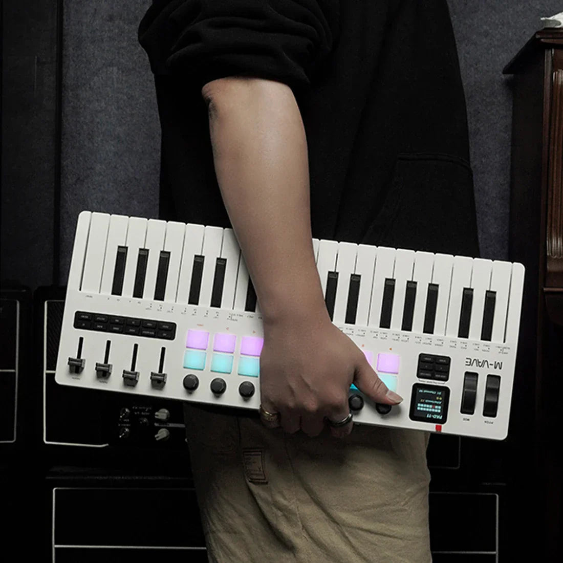 White m-vave smk-37 pro 37 key midi controller with synth engine, illuminated rgb pads, and digital display