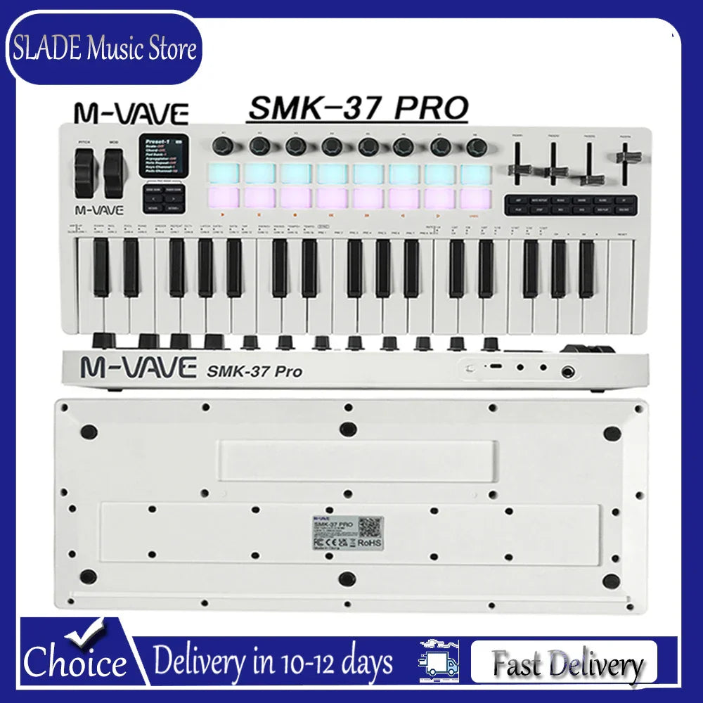 White m-vave smk-37 pro midi keyboard with 37 keys black keys rgb pads and built-in synth engine controller