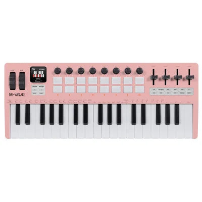 Pink M-VAVE SMK-37 pro key midi controller with 37 keys knobs sliders small display for music production