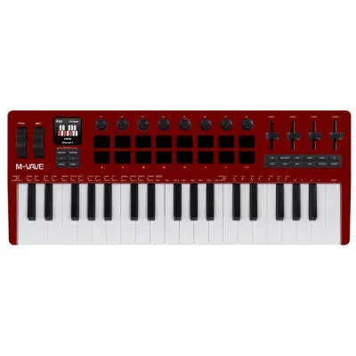 Red m-audio M-VAVE SMK-37 pro 37 key midi controller keyboard with black white keys knobs and rgb pads
