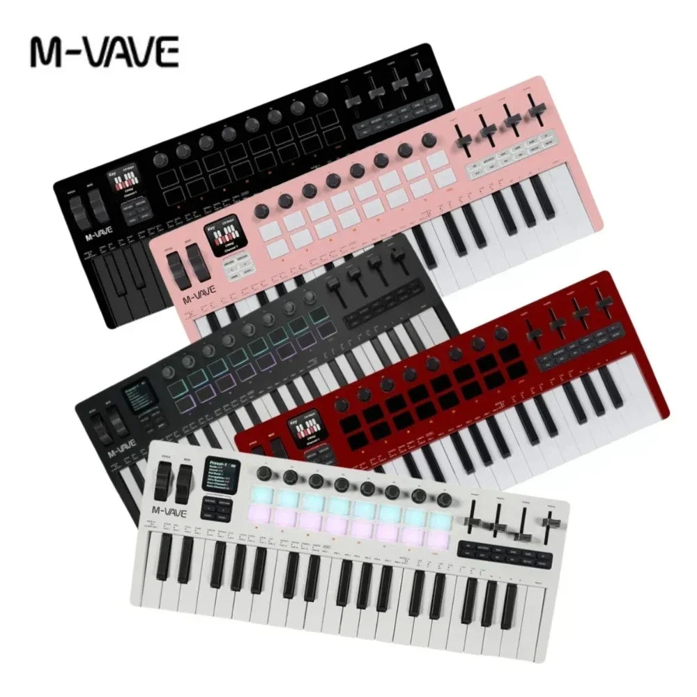 M-vave smk-37 pro midi controllers in black pink red and white with rgb pads and built-in synth engine illuminated keys