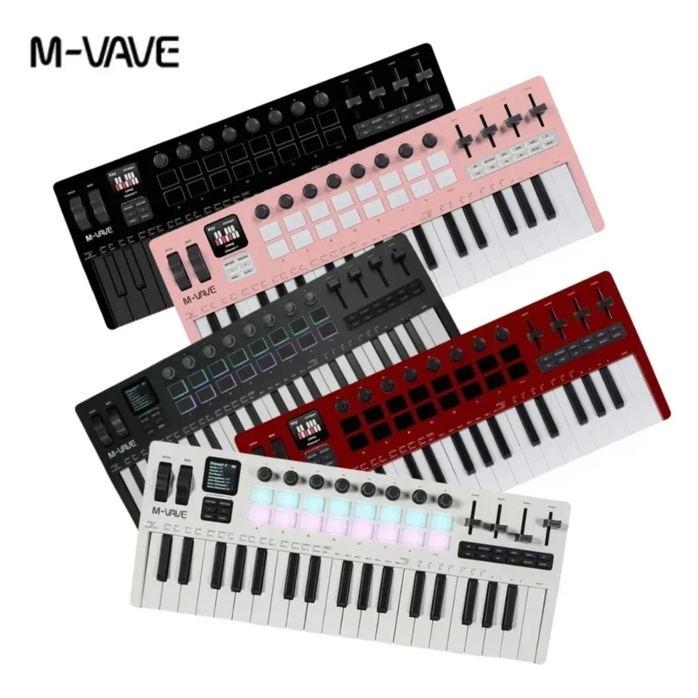 M-vave smk-37 pro key midi controller in black pink red and white with 37 keys 8 knobs and 16 rgb pads
