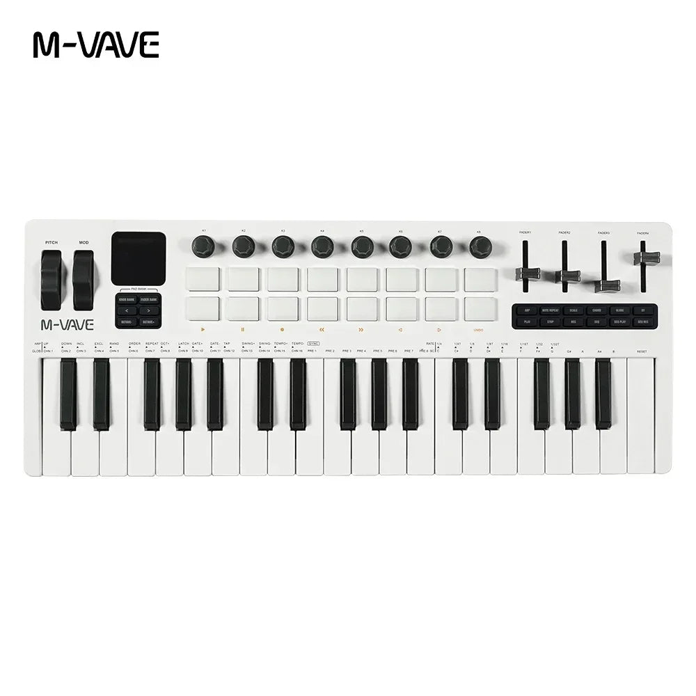 White m-vave smk-37 pro midi controller keyboard with built-in synth engine black keys eight knobs and rgb pads