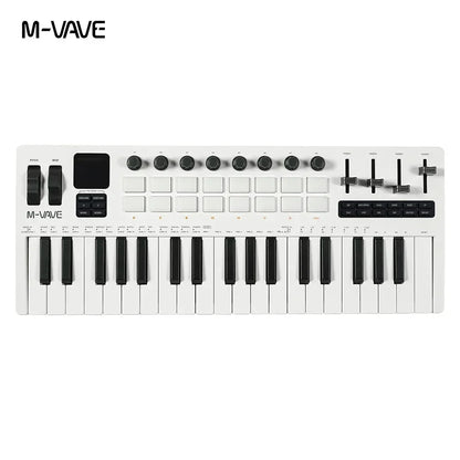 White m-vave smk-37 pro 37 key midi controller keyboard with black keys and 8 knobs for studio music production