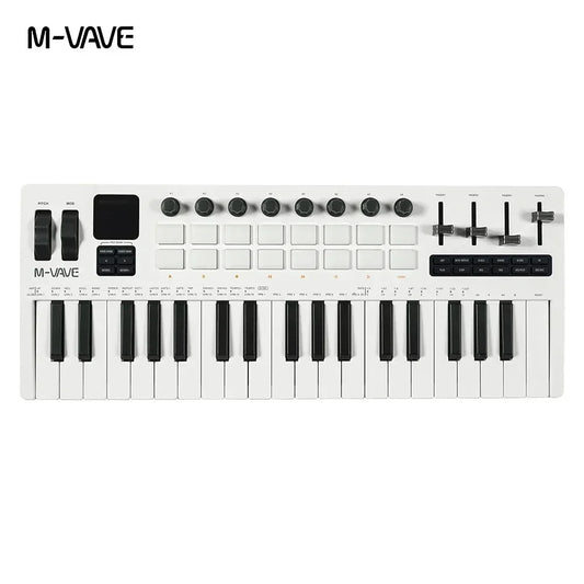 White m-vave smk-37 pro 37 key midi controller keyboard with black keys and 8 knobs for studio music production