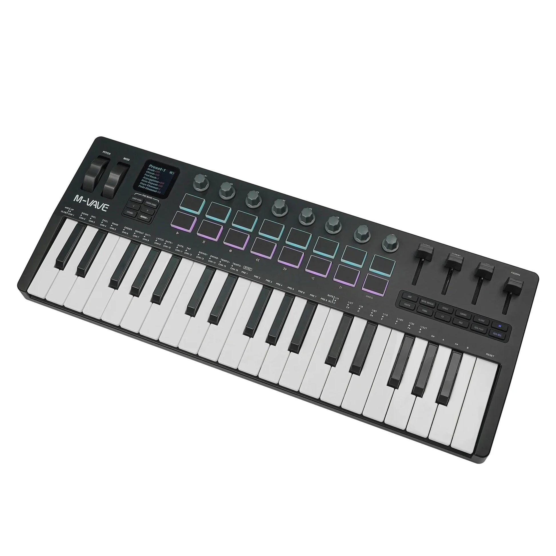 Black m-audio v49 midi controller keyboard with purple backlit drum pads and multiple knobs for music production