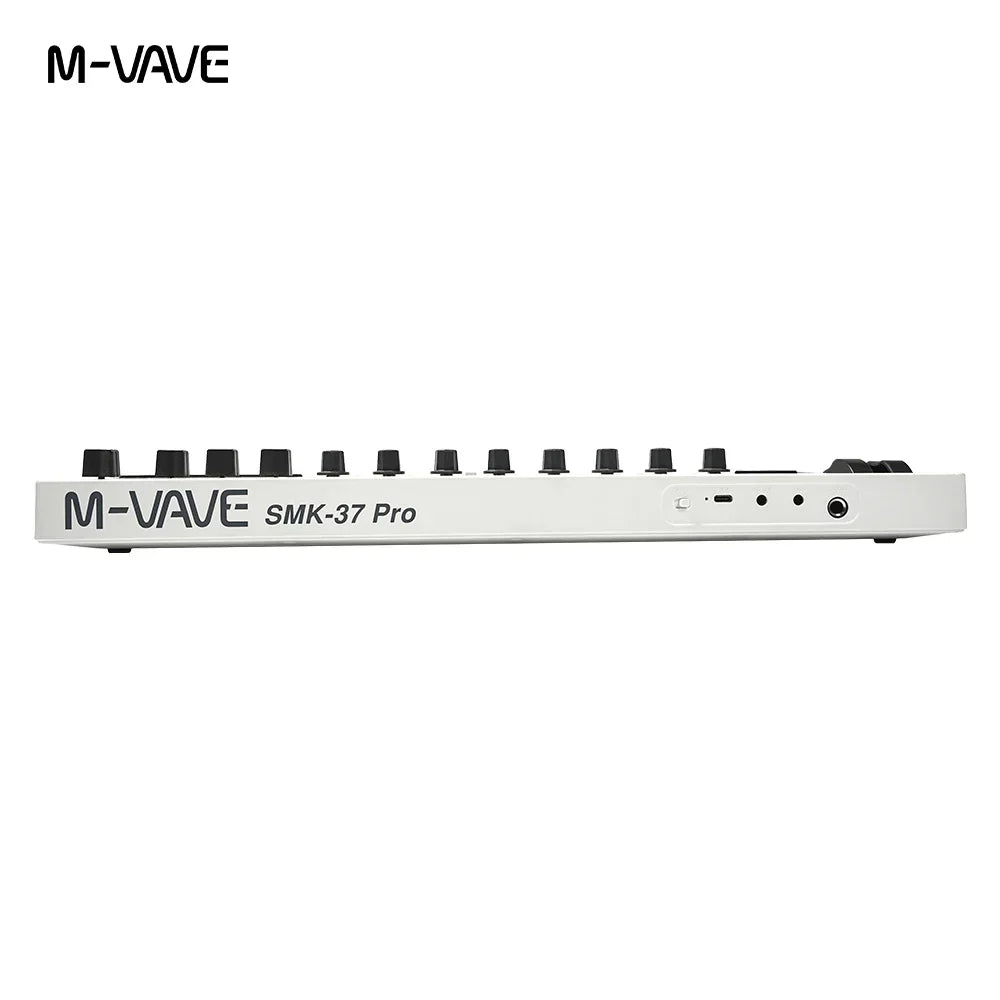 White m-vave smk-37 pro midi controller with 37 keys black knobs ports and 16 rgb backlit drum pads for music production
