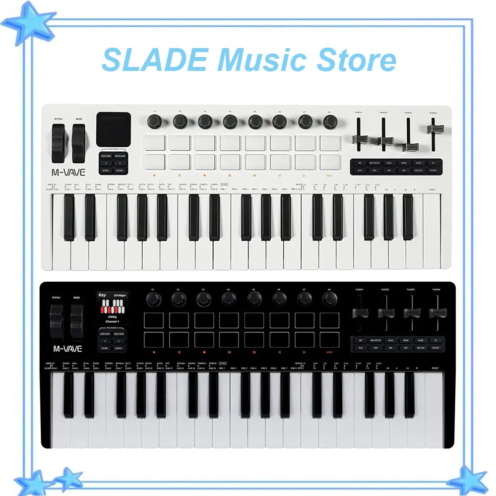 White and black m-vave smk-37 pro midi controller with 37 keys backlit drum pads sliders and knobs for music production