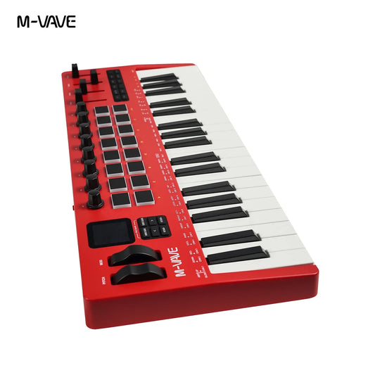 Red m-vave smk-37 pro pro keyboard midi controller with 24 black and white keys, knobs, and buttons for wireless use