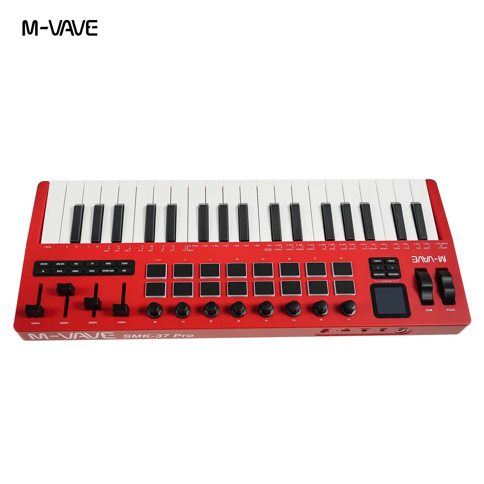 Red m-vave smk-37 pro keyboard midi controller with 37 keys, knobs, buttons, small screen, and wireless support