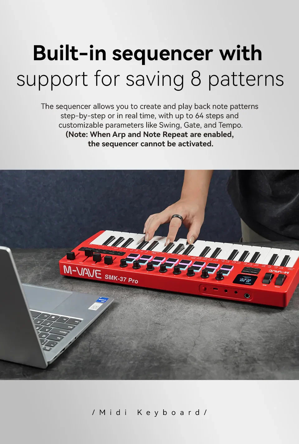 Red m-audio m-vave smk-37 pro keyboard midi controller with 37 black keys and control knobs for wireless operation