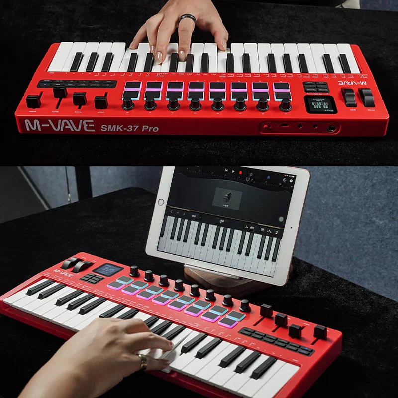 Red m-vave smk-37 pro keyboard midi controller with 37 keys, purple-lit knobs, and small screen display