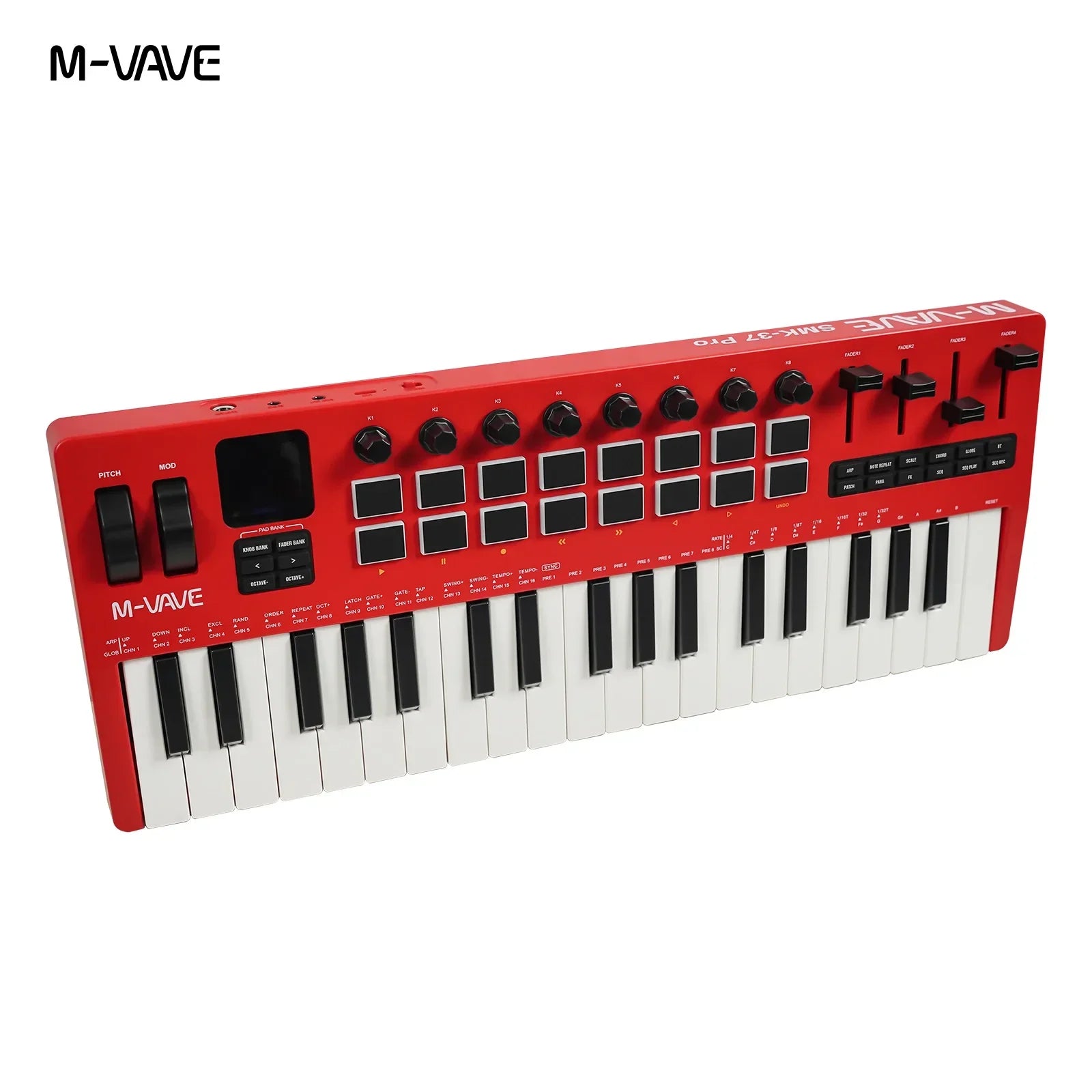 Red m-vave smk-37 pro keyboard midi controller with black keys and control knobs for wireless music production