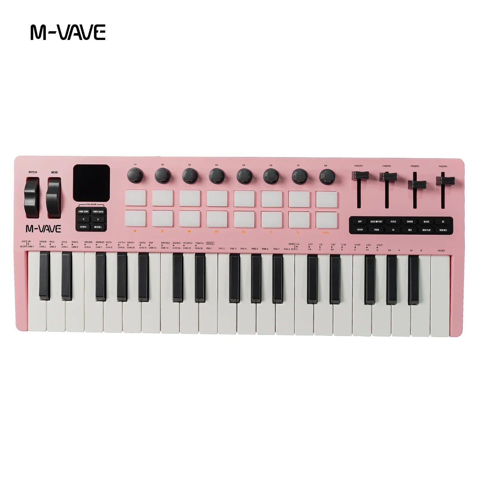 Pink m-vave midi controller usb keyboard with rgb pads, black and white keys, knobs supports software for multiple platforms