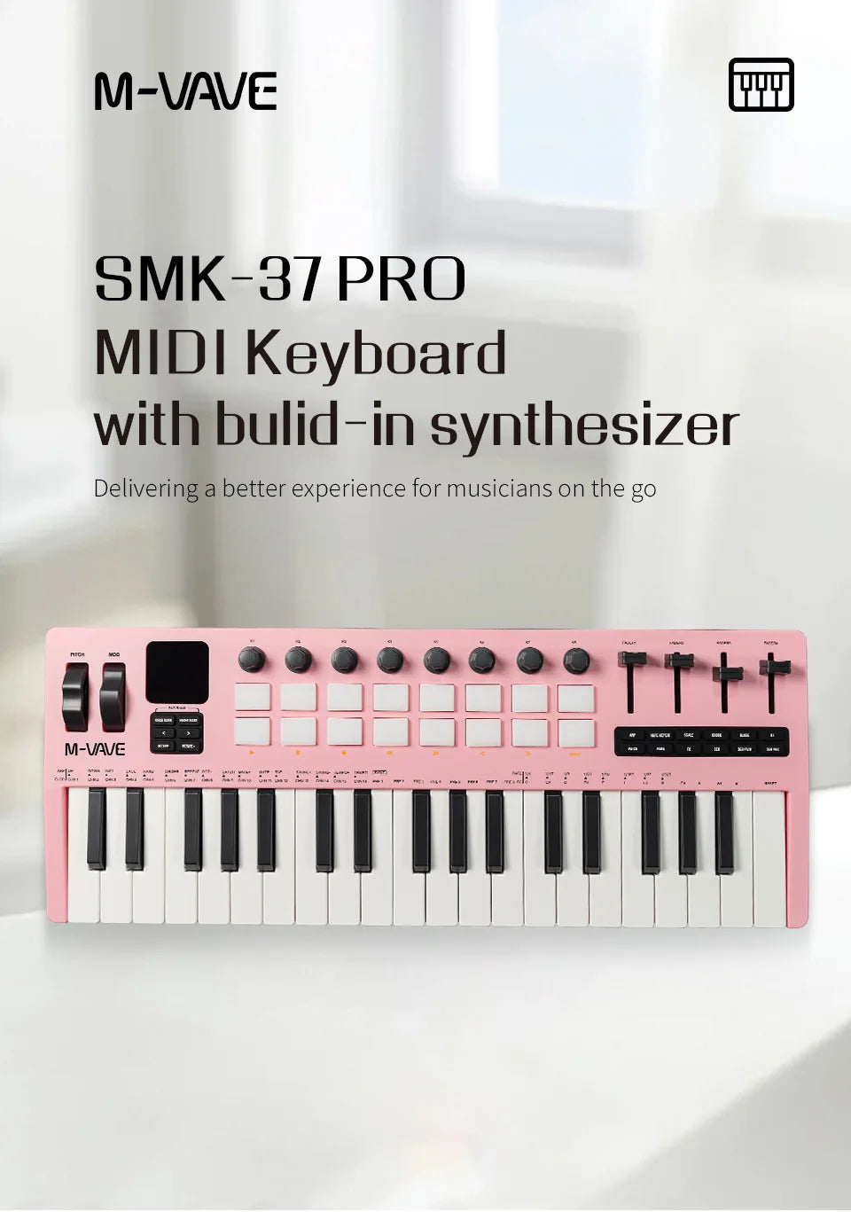 Pink m-vave smk-37 pro midi controller usb with 16 rgb pads and 8 knobs supports software for windows mac ios android