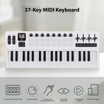 White 37-key pro keyboard midi controller with rgb backlit drum pads sliders music production and customizable knobs