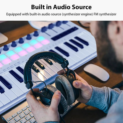 Black over-ear headphones with padded textured earcups and headband for use with m-vave smk-37 pro midi controller sliders music production