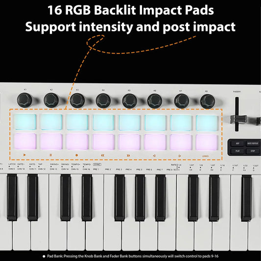 White and black m-vave smk-37 pro midi controller with 16 rgb backlit drum pads and sliders for music production