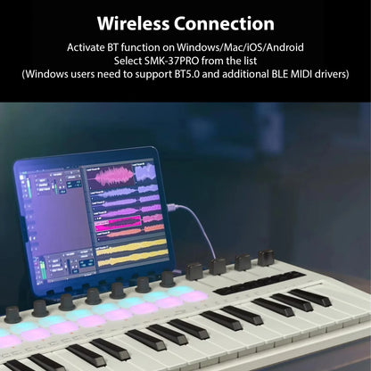 M-vave smk-37 pro midi controller keyboard with white black design rgb backlit drum pads and sliders for music production