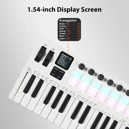 White midi controller keyboard with black keys rgb backlit drum pads and sliders music production display screen